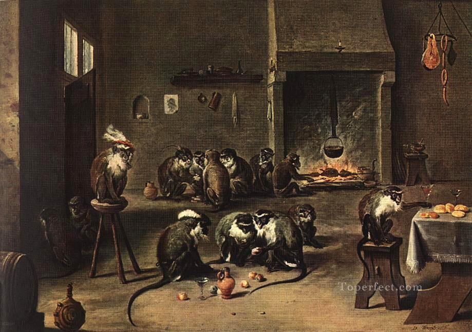 Affen in der Küche David Teniers die jüngeren Affen in Kleidung Ölgemälde